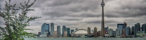 Toronto skyline with CN tower on a gloomy, cloudy evening
