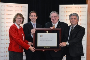 Jean Andrey, Charles Brindamour, George Dixon and Blair Feltmate at the launch of the Intact Centre on November 30th, 2015