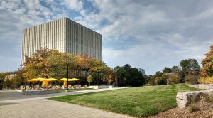 Dana Porter Library at the University of Waterloo with a cloudy yet bright sky